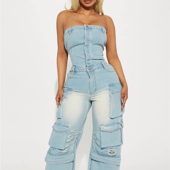 Fashion Nova Denim - Fashion Nova Light Blue Denim Jumpsuit